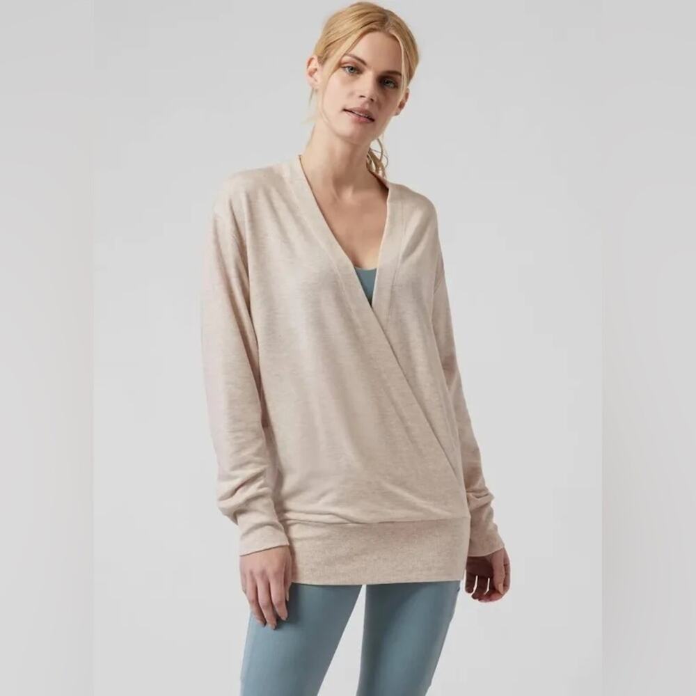 Athleta Purana V-Neck Wrap Sweatshirt Toasted Brown Heather Cream Size Medium